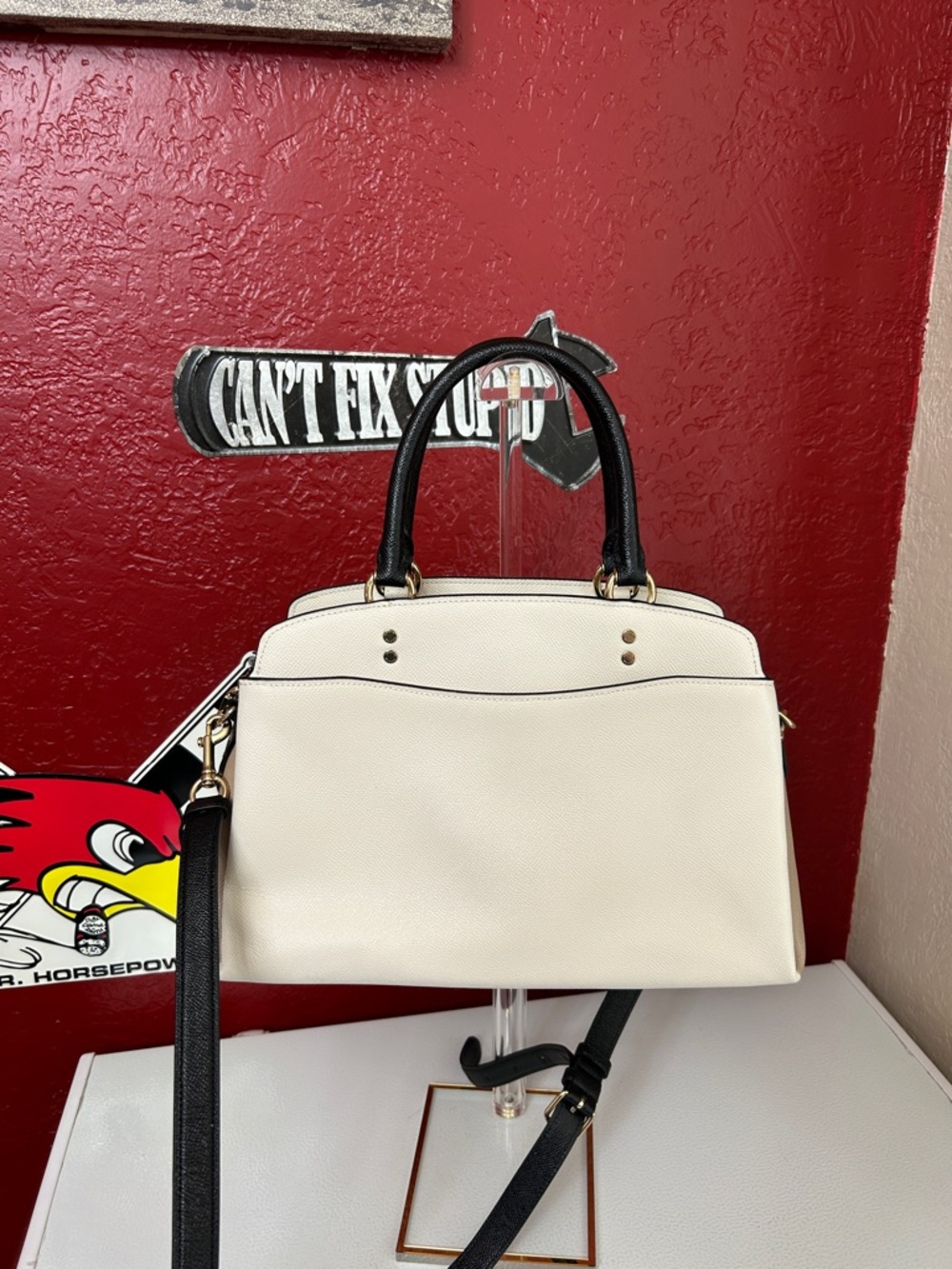 Coach Cream Leather Satchel with Black Handles and Strap - Picture 5 of 16